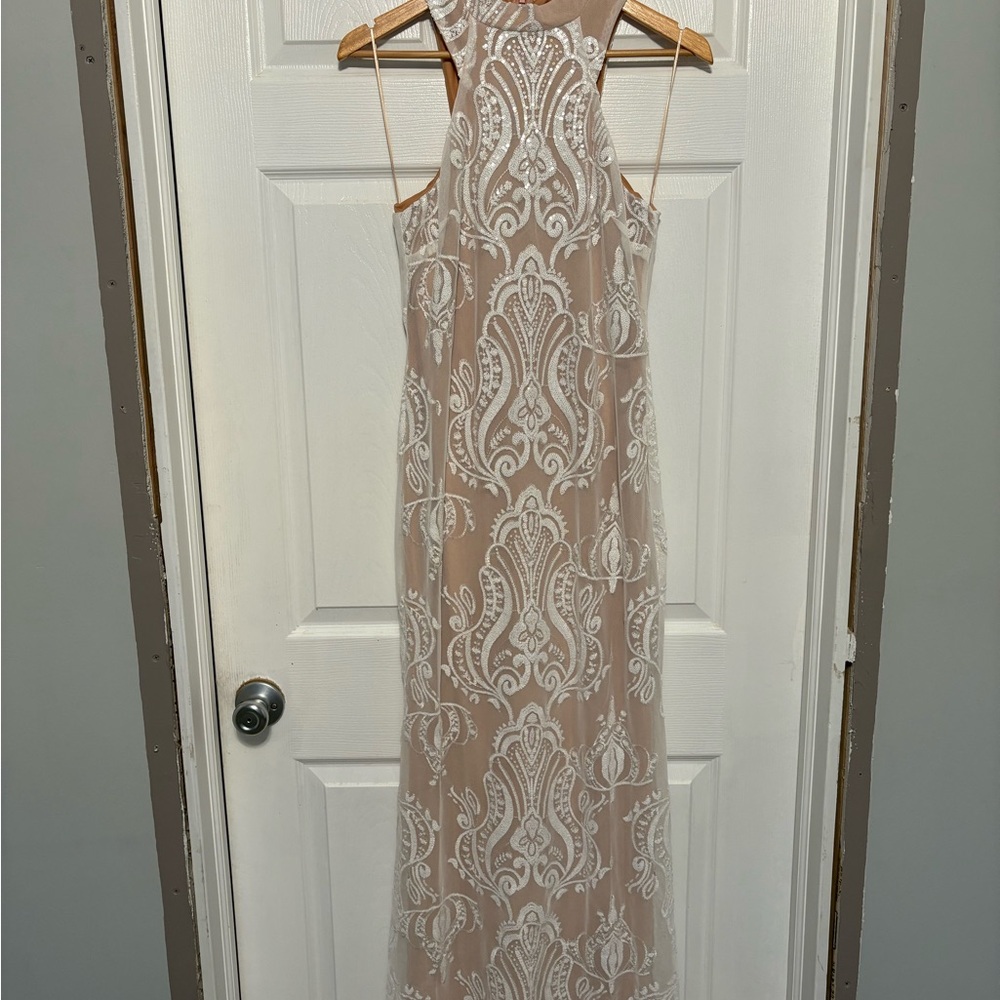 Elegant Beige and White Lace Dress
